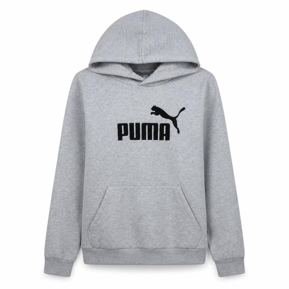 Front view of Puma women’s grey logo pullover hoodie, size UK 14