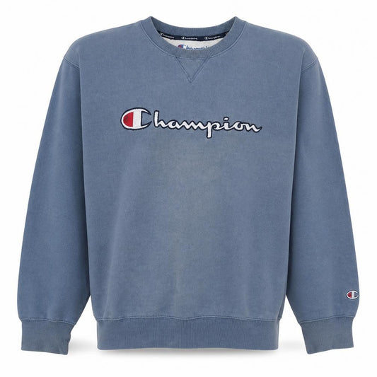 Front view of Champion Men's Blue Crew Neck Embroidered Logo Pullover Sweatshirt L