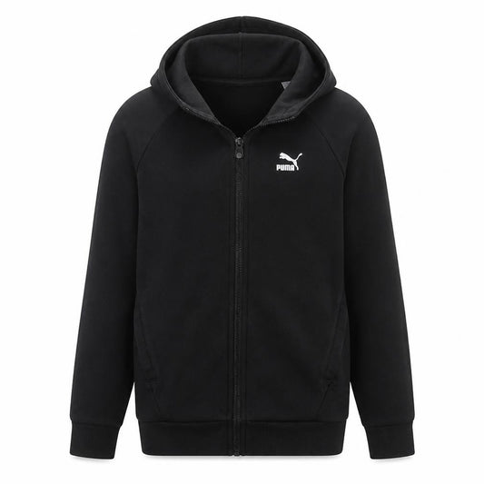 Front view of Puma Men's Black Full Zip Hoodie, size M, Regular Fit Sportswear