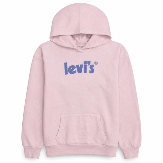 Front view of Levi's girls’ pink logo pullover hoodie, size 14, years fleece hooded sweatshirt