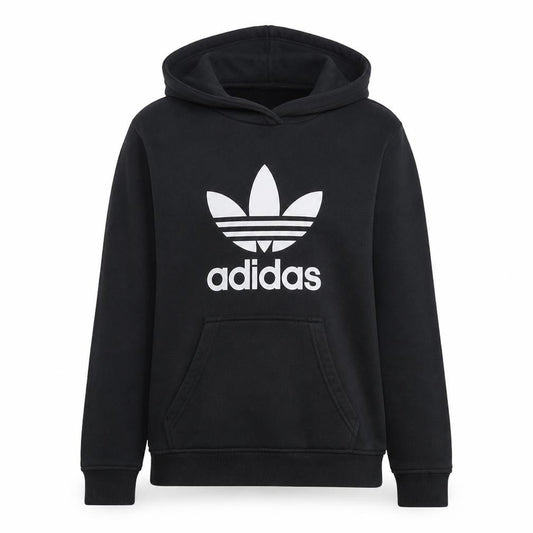 Front view of Adidas women’s black trefoil logo pullover hoodie, size UK 8