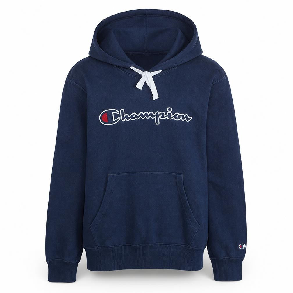 Front view of Champion Men's Blue Pullover Hoodie Large Logo Fleece Sweatshirt