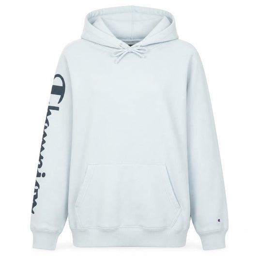 Front view of Champion women’s white pullover hoodie, size L, cotton blend