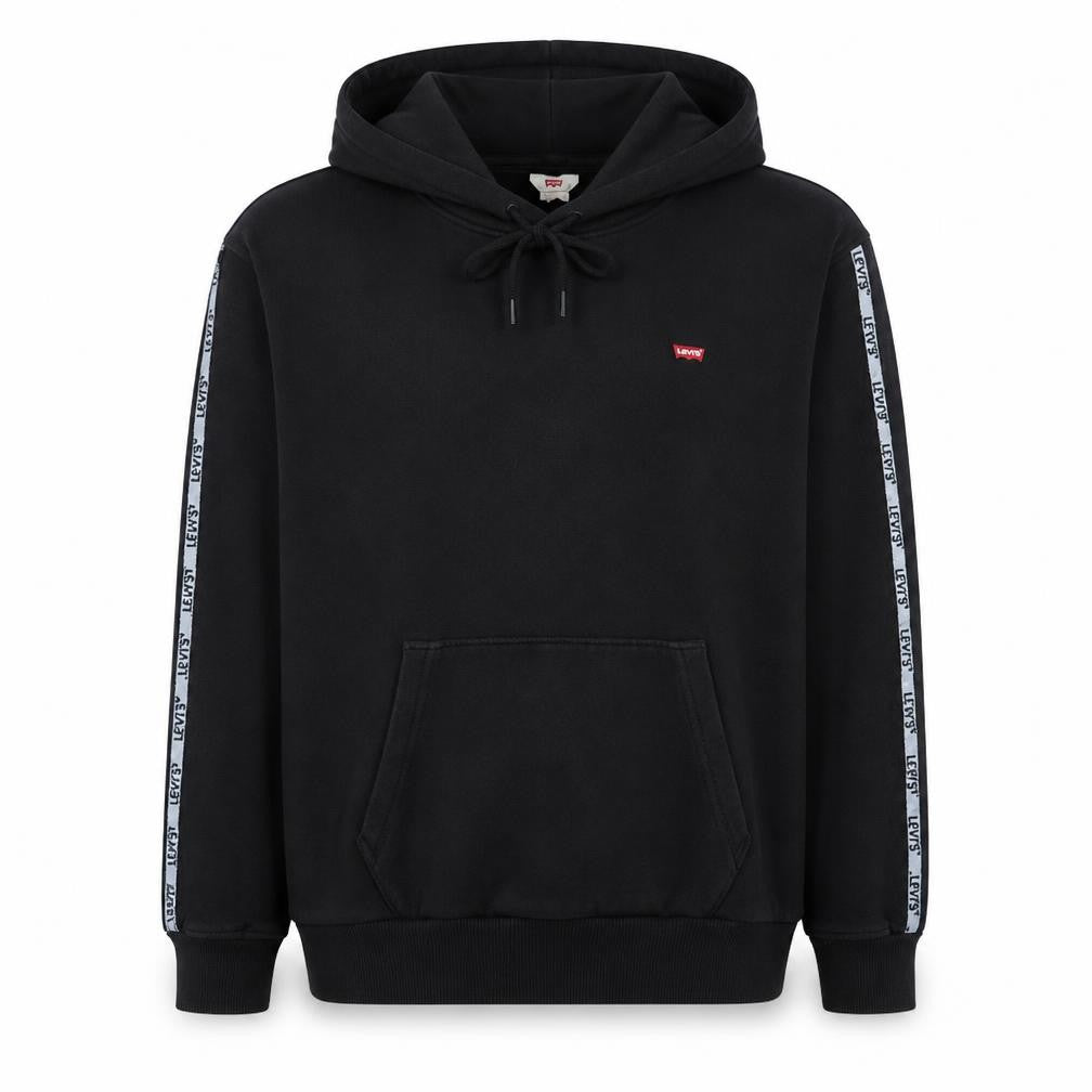 Front view of Levi's Men's Black Pullover Hoodie M Logo Tape Sleeve Fleece