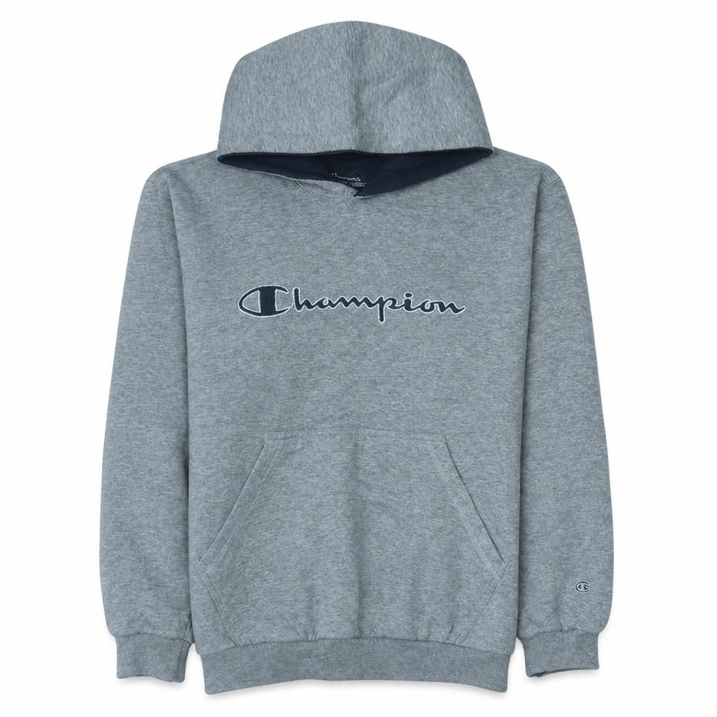 Front view of Champion Men's Grey Pullover Hoodie M Logo Regular Fit