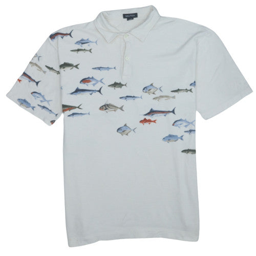 Nautica Men's White XL Cotton Fish Print Polo Shirt