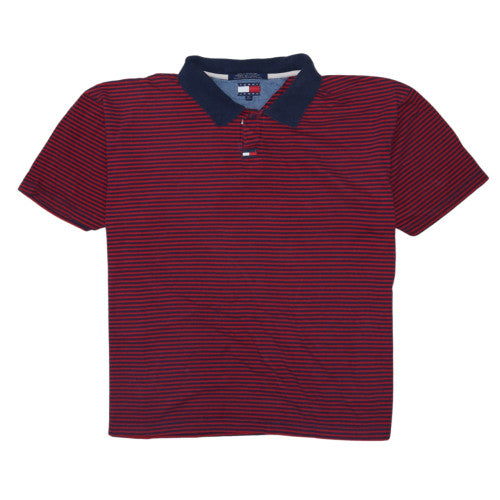 Tommy Jeans Men's Red Navy Striped Cotton Polo Shirt XL