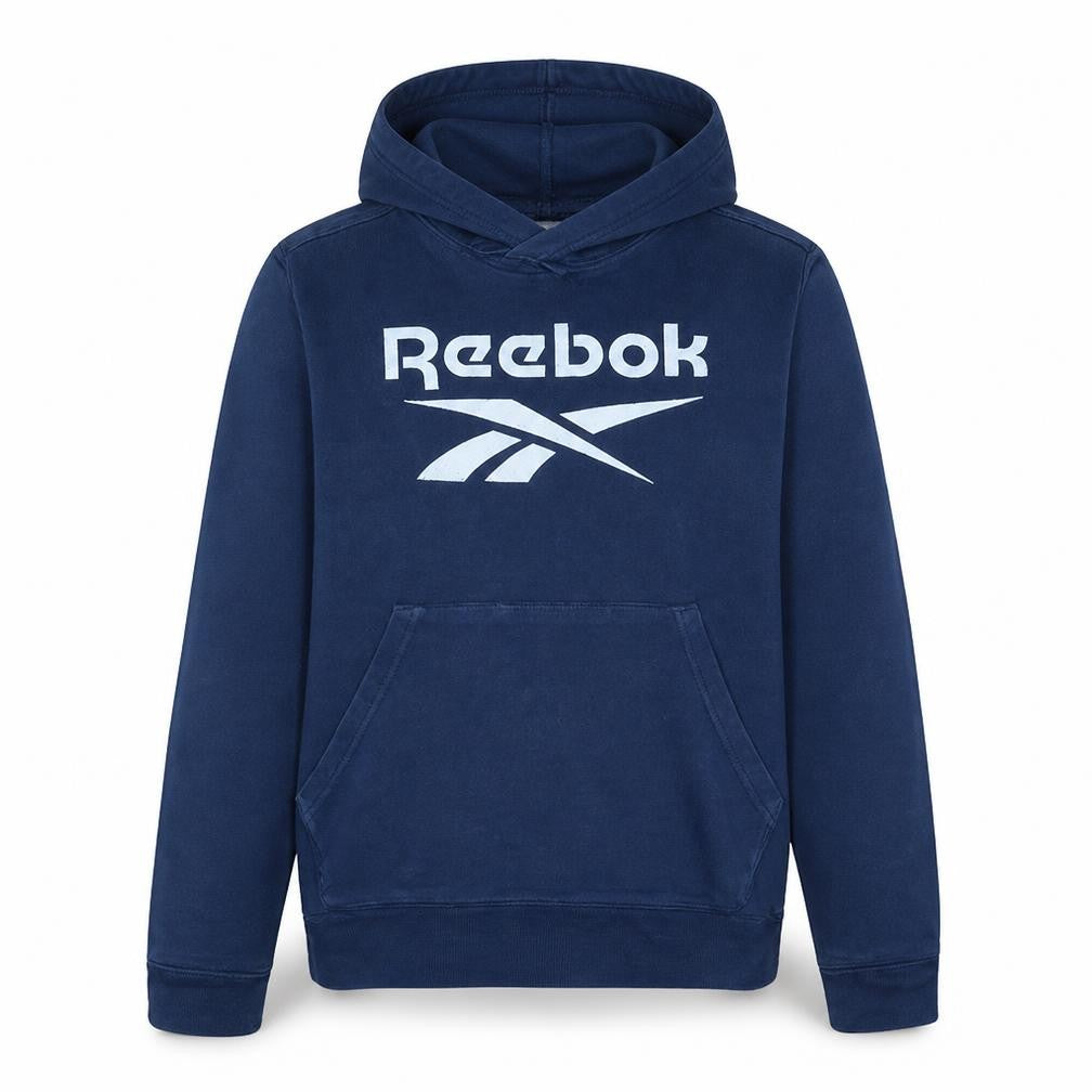 Front view of Reebok Men's Blue Pullover Hoodie L Graphic Logo Sportswear