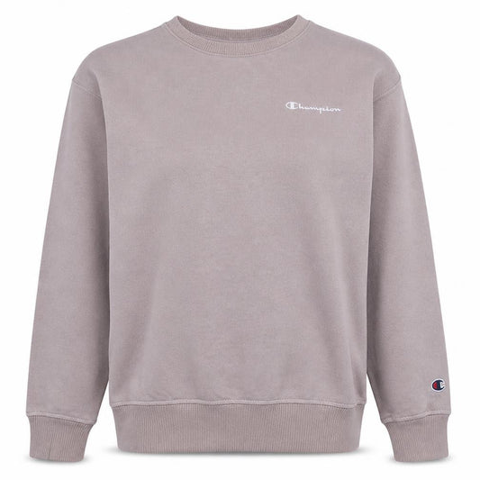 Front view of Champion women’s beige small crew neck pullover sweatshirt