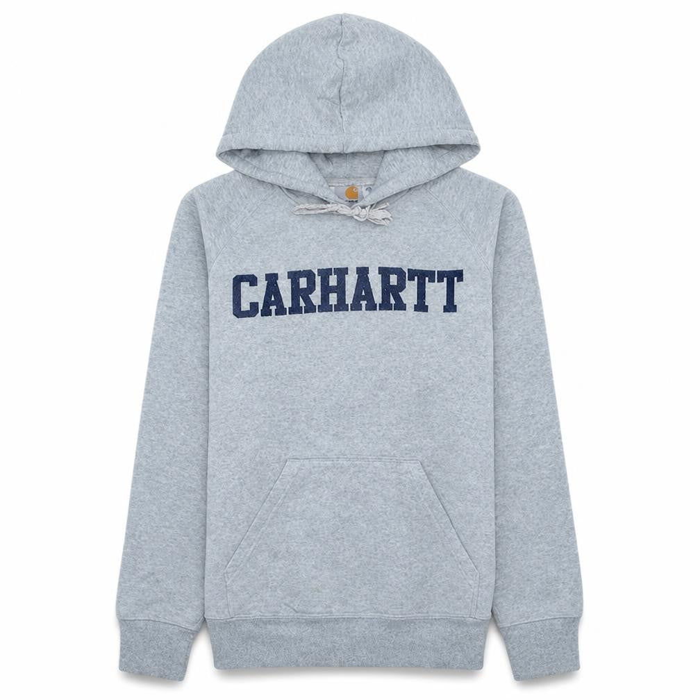 Front view of Carhartt Men’s Grey Pullover Hoodie XS Logo Fleece Sweatshirt