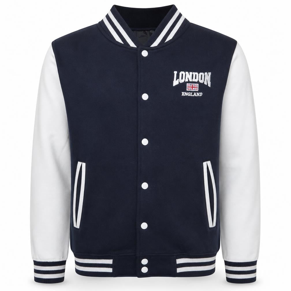 Front view of Awnhill Men's Blue London England Varsity Button Sweatshirt S