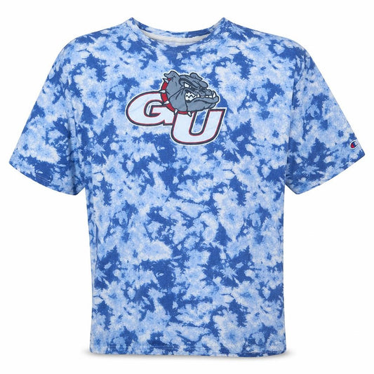 Front view of Champion Men's Blue Tie-Dye GU Graphic Cotton T-Shirt, size XL