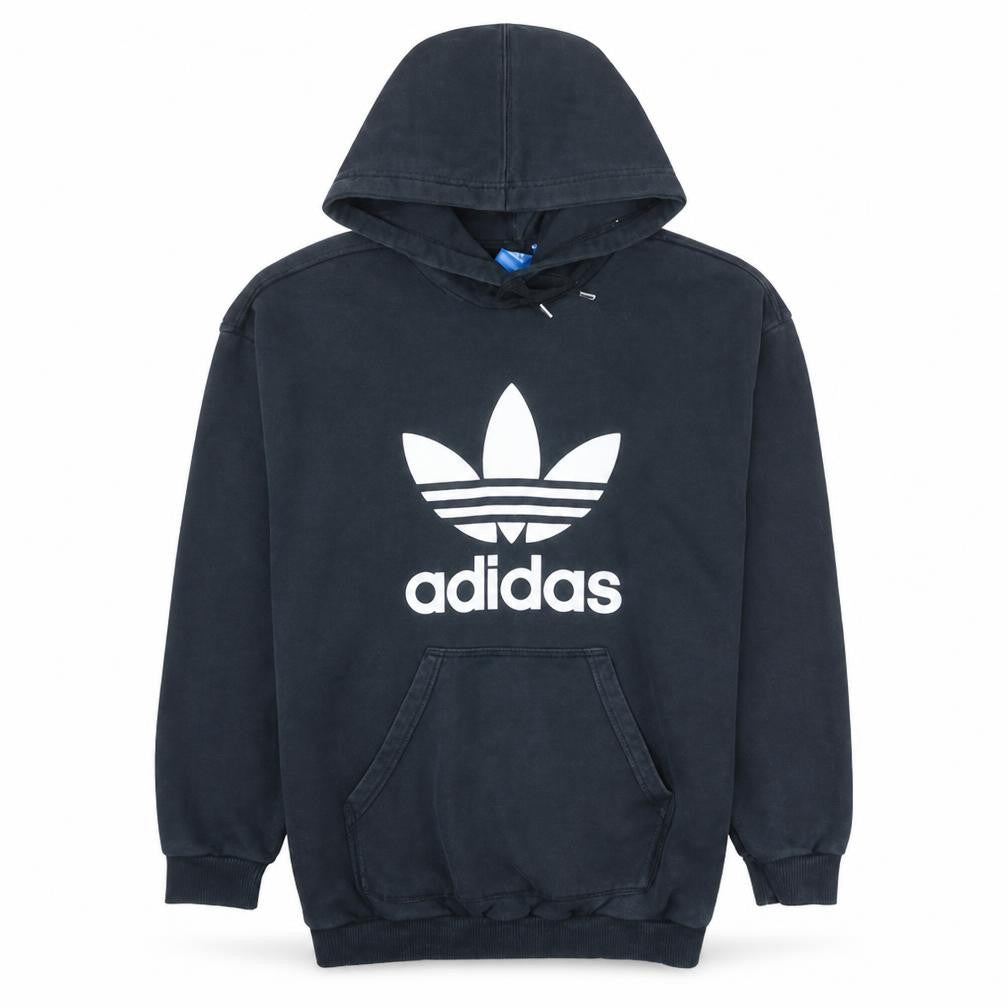 Front view of Adidas women’s black pullover hoodie, size UK 18, logo hooded sweatshirt
