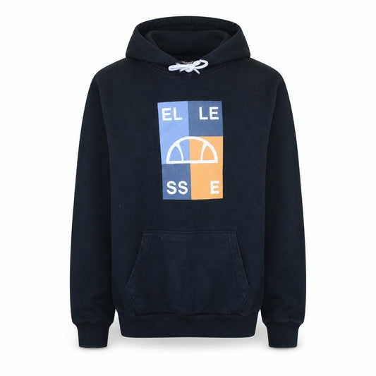 Front view of Ellesse men’s black pullover hoodie medium graphic logo sweatshirt