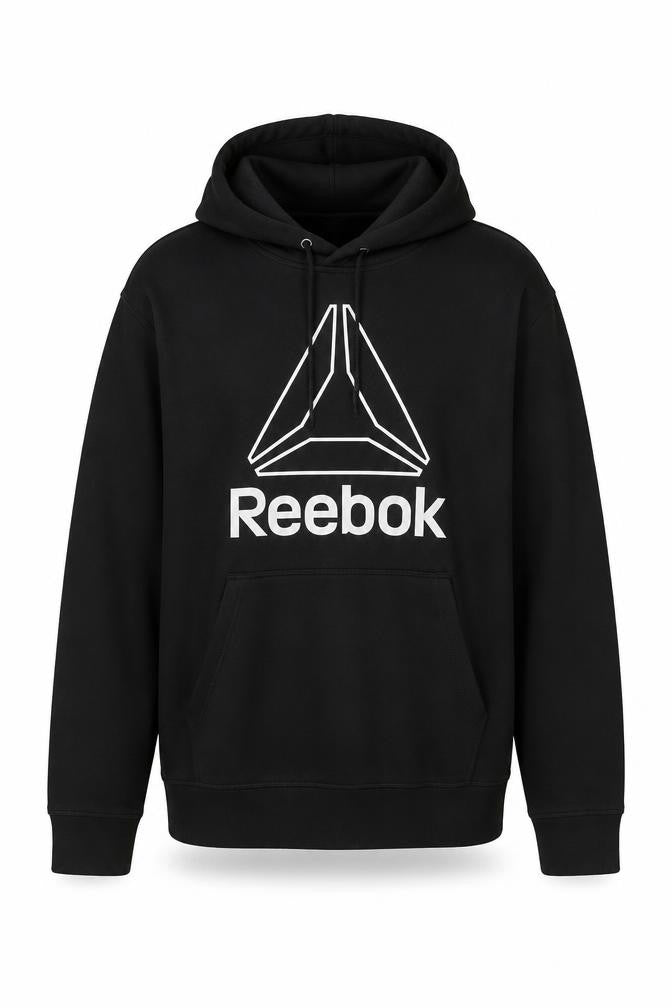 Front view of Reebok Men's Black Pullover Hoodie L Graphic Logo Fleece Sweatshirt
