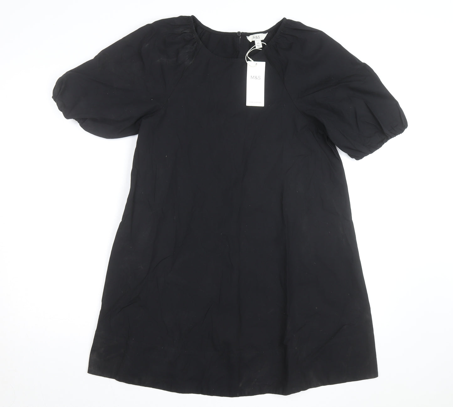 Marks and Spencer Women’s Black Cotton Shift Dress Size 6 Puff Sleeve