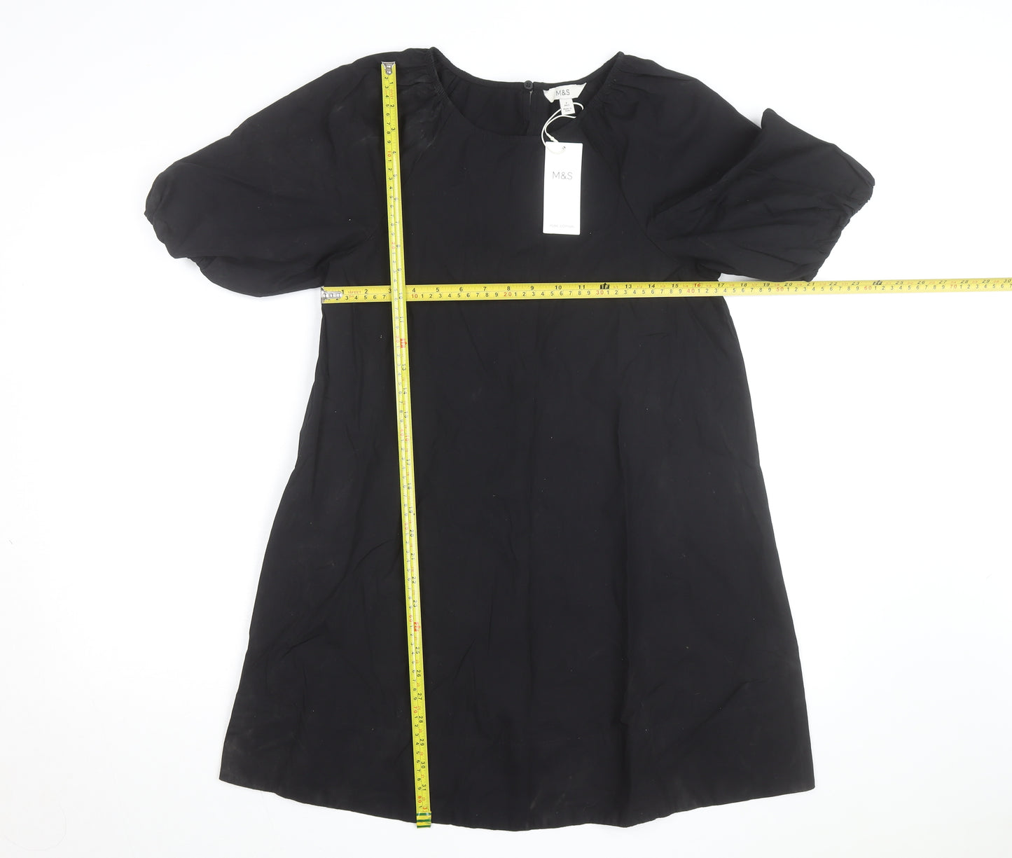 Marks and Spencer Women’s Black Cotton Shift Dress Size 6 Puff Sleeve