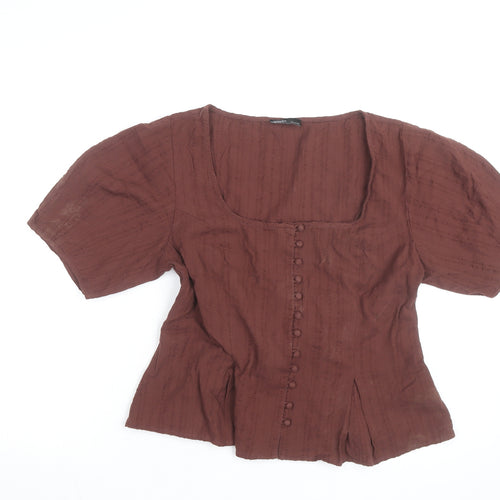 Nobody’s Child Women Brown Cotton Button-Up Blouse Size 14