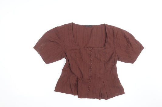 Nobody’s Child Women Brown Cotton Button-Up Blouse Size 14
