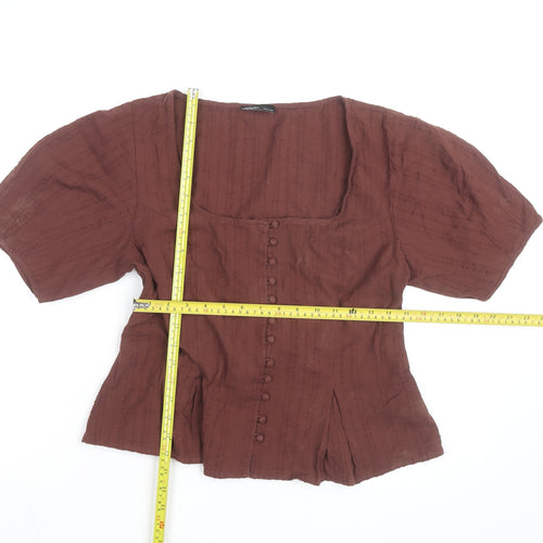 Nobody’s Child Women Brown Cotton Button-Up Blouse Size 14