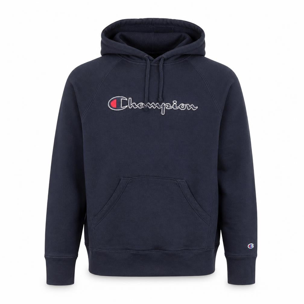 Front view of Champion Men's Blue Pullover Hoodie S Embroidered Logo Fleece