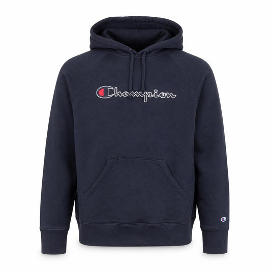 Front view of Champion Men's Blue Pullover Hoodie S Embroidered Logo Fleece