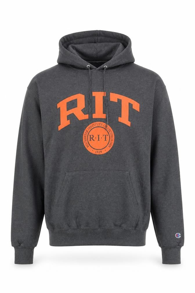 Front view of Champion Men's Grey Pullover Hoodie M RIT University Logo Fleece