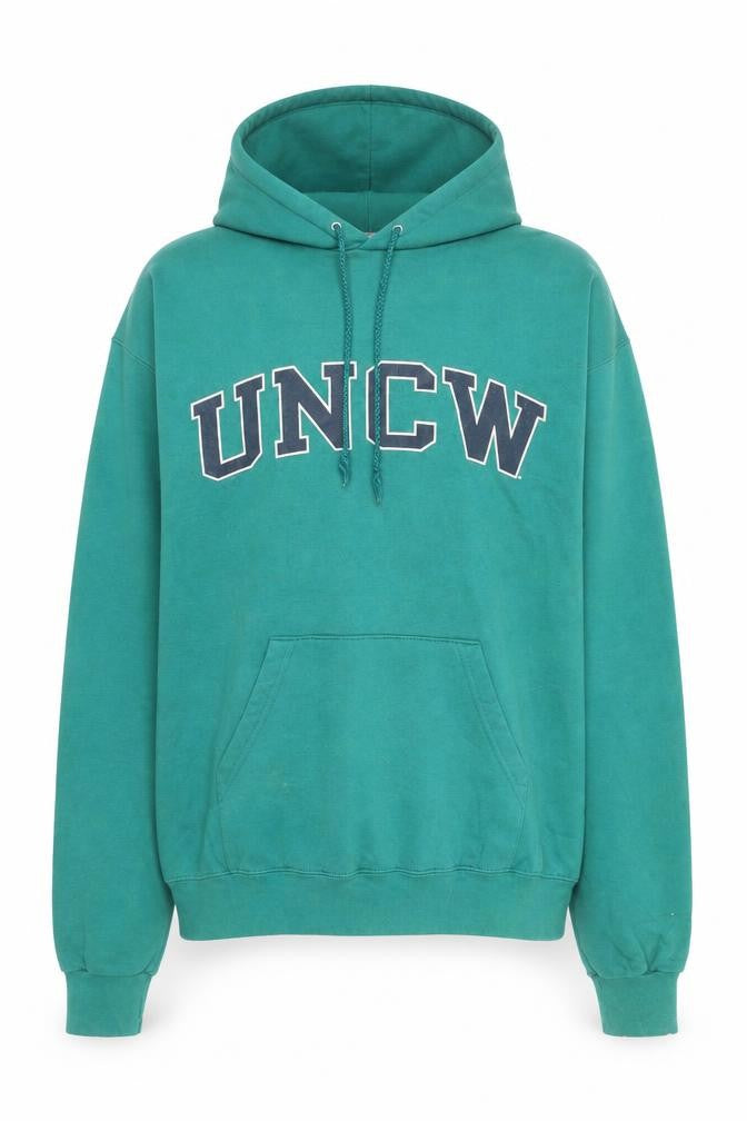 Front view of Champion Men's Green UNCW Pullover Hoodie, size M, Vintage College Style