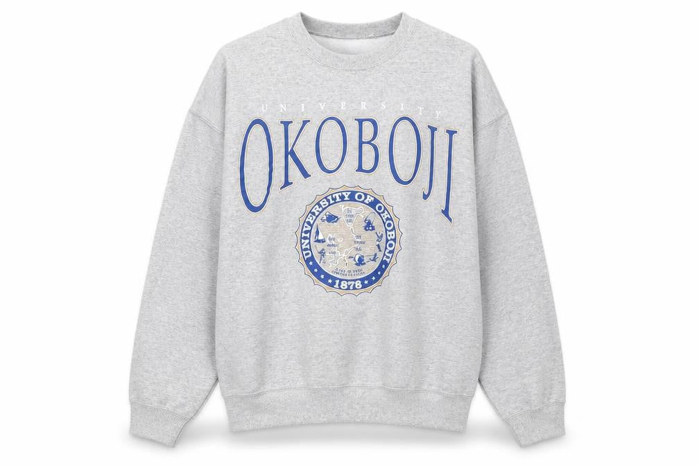 Front view of University of Okoboji Men's Grey Pullover Sweatshirt M Crew Neck