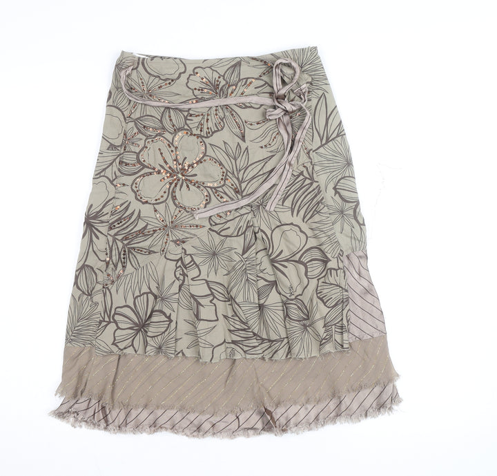 Vila Women Beige Floral Beaded A-Line Midi Skirt Size S