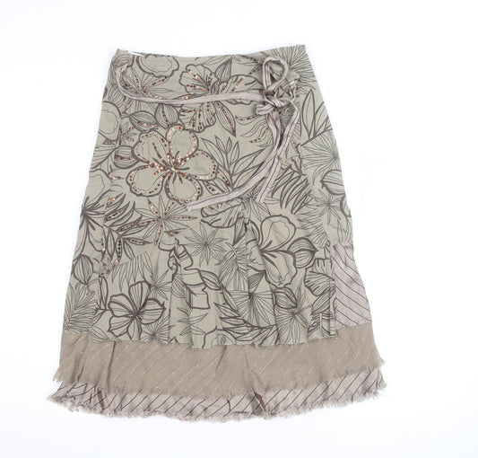 Vila Women Beige Floral Beaded A-Line Midi Skirt Size S