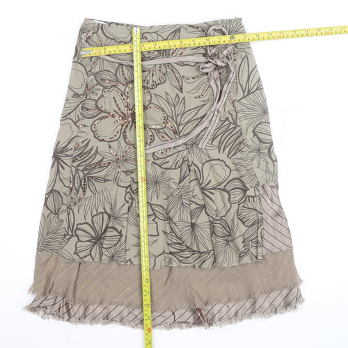 Vila Women Beige Floral Beaded A-Line Midi Skirt Size S