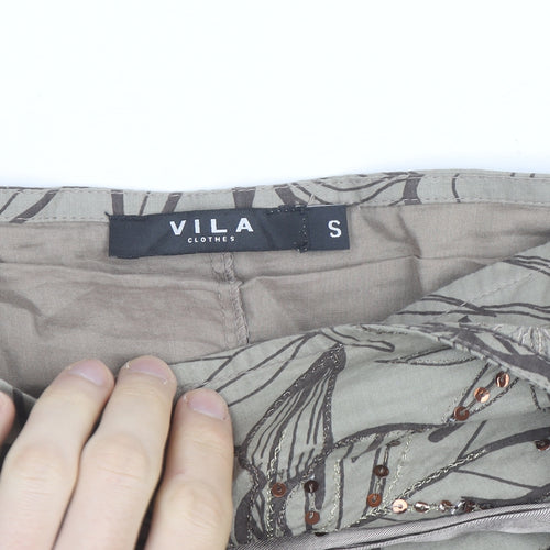 Vila Women Beige Floral Beaded A-Line Midi Skirt Size S