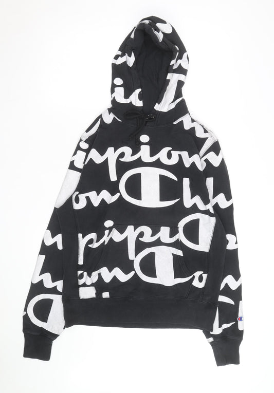 Champion Mens Black Reverse Weave Logo Pullover Hoodie Medium