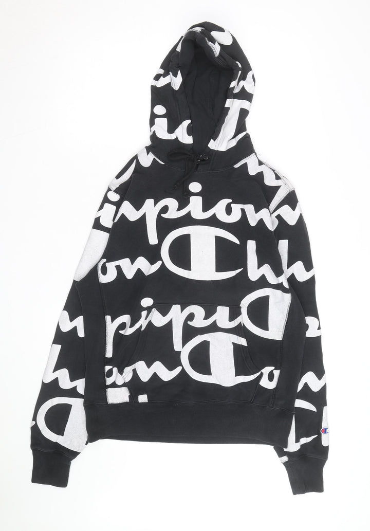 Champion Mens Black Reverse Weave Logo Pullover Hoodie Medium
