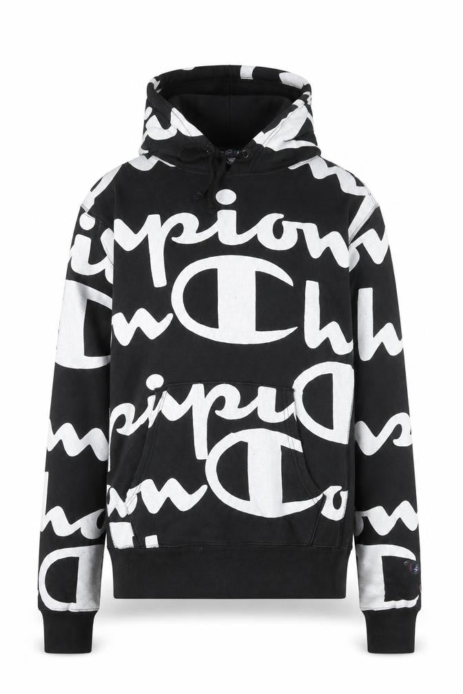 Front view of Champion men’s black reverse weave logo pullover hoodie medium