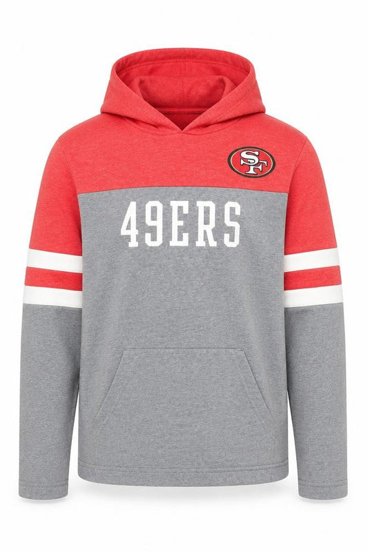 Front view of NFL Team Apparel Men’s Red Grey 49ers Pullover Hoodie, size S