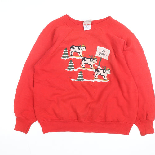 Pannill Womens Red Ski Country Folk Art Sweatshirt Size L Winter