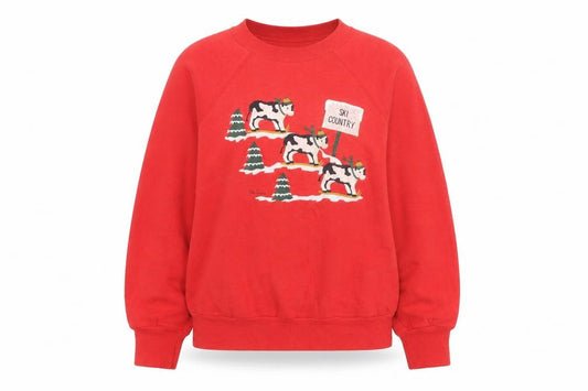 Front view of Pannill women’s red ski country folk art sweatshirt, size L, winter
