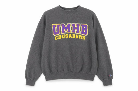 Front view of Champion Men's Grey Eco Fleece Pullover Sweatshirt L Logo Crew Neck