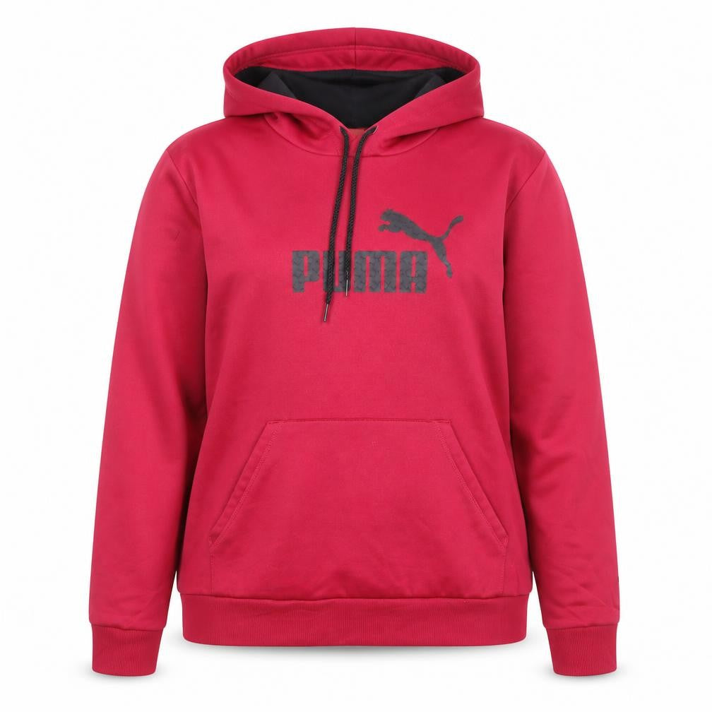 Front view of Puma women’s red pullover hoodie, size UK 14, logo fleece casual