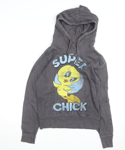 Front view of Tweety Women's Grey Pullover Hoodie, size S, Cartoon Print
