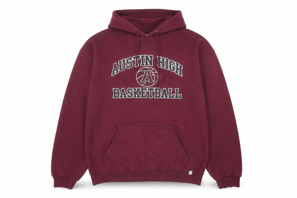 Front view of Russell Athletic Men's Red Pullover Hoodie L Basketball Graphic