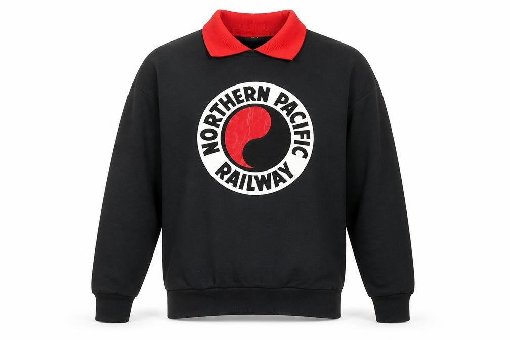 Front view of Signal Men's Black Collared Retro Graphic Sweatshirt, size M
