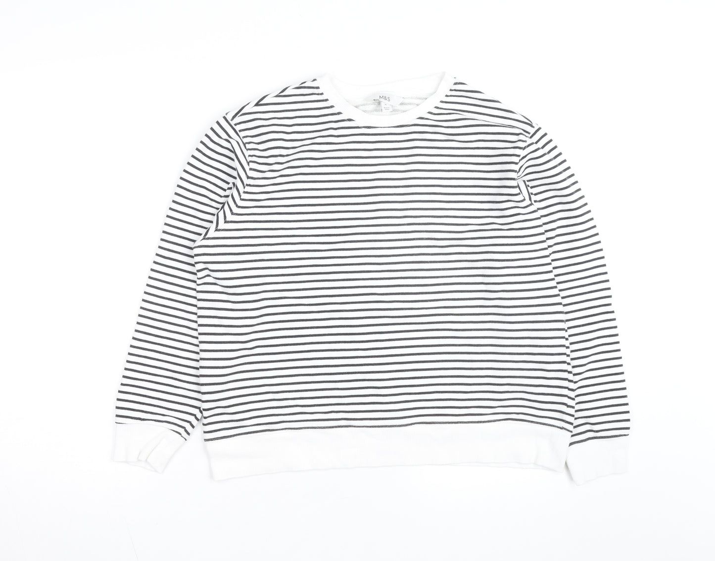 Marks and Spencer Men's White Striped Cotton Long Sleeve Top M