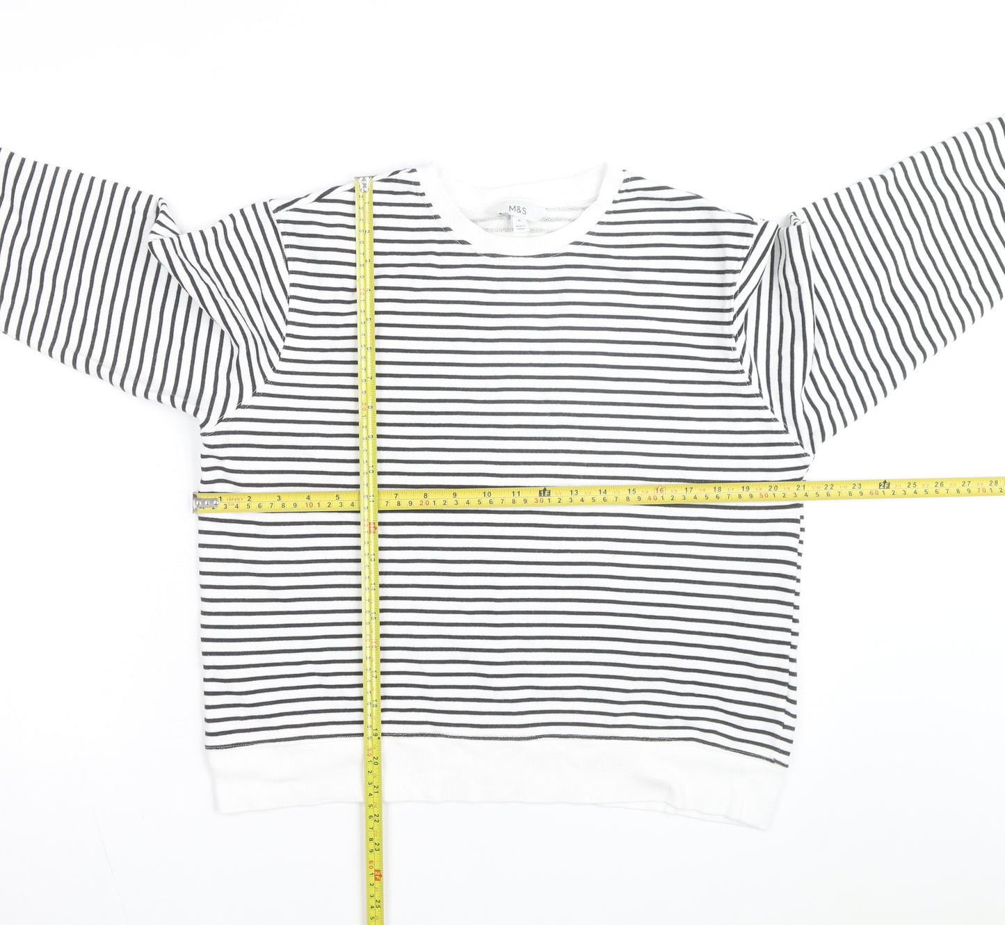Marks and Spencer Men's White Striped Cotton Long Sleeve Top M