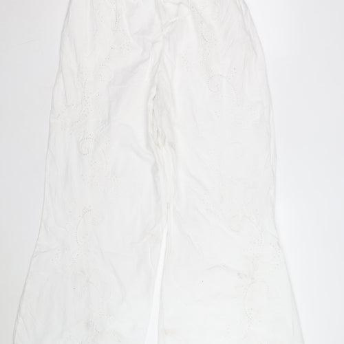 Marks and Spencer Women White Cotton Embroidered Wide-Leg Trousers Size 14