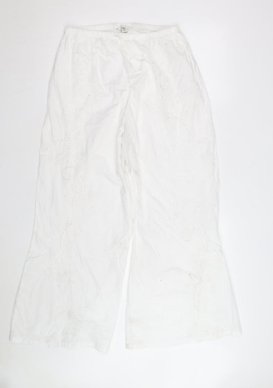 Marks and Spencer Women White Cotton Embroidered Wide-Leg Trousers Size 14