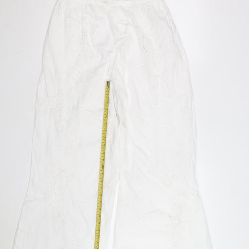Marks and Spencer Women White Cotton Embroidered Wide-Leg Trousers Size 14