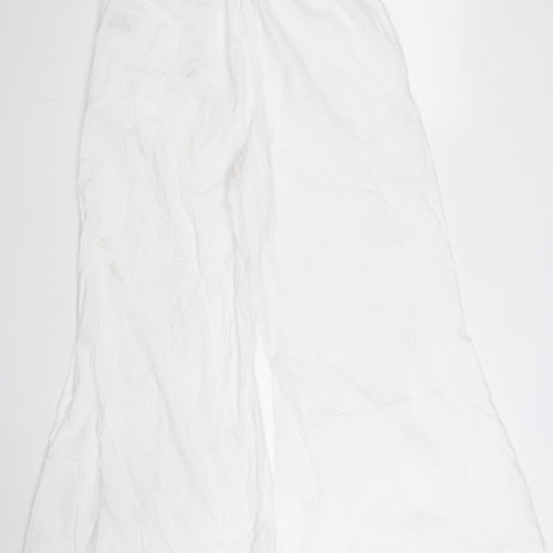 Marks and Spencer Women White Cotton Embroidered Wide-Leg Trousers Size 14